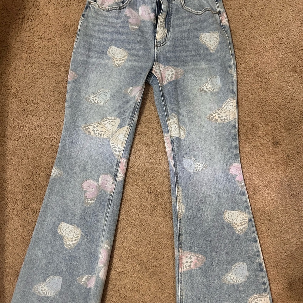 Tinseltown Blue Flare Jeans with Heart Pattern